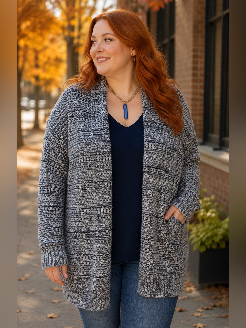 Chaps 1X Chunky Knit Cardigan Navy Cream Open-Front Pockets